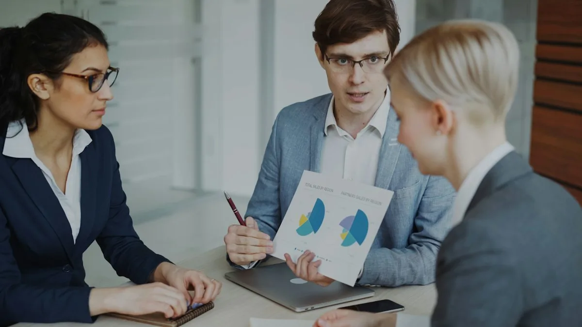 Team discussing charts during a financial review